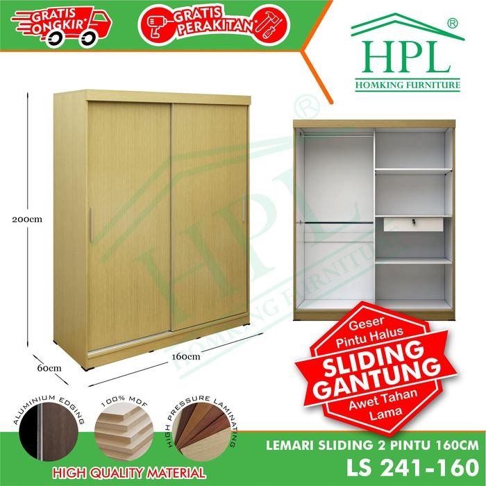 Lemari Pakaian Hpl Sliding Door 2 Pintu 160 Coklat Muda Kayu