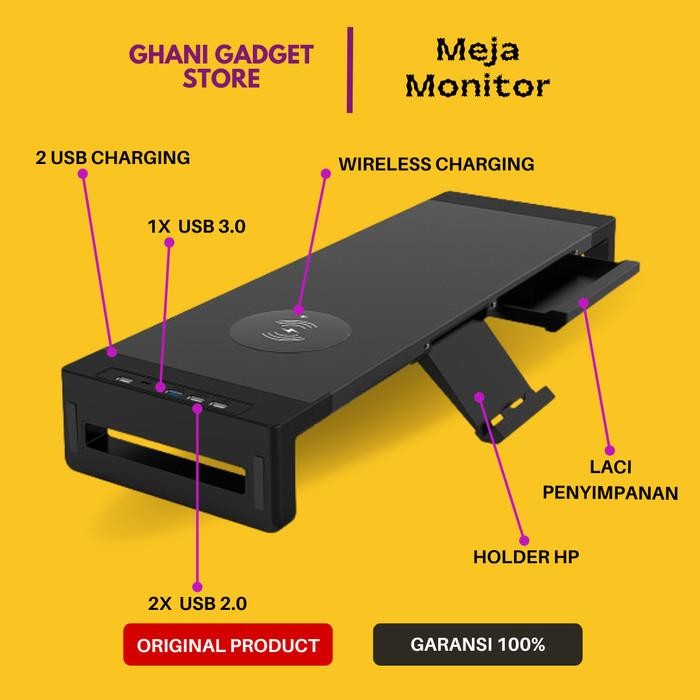 

Meja Dudukan Monitor Penyangga Desk Komputer PC Stand Wireless Charging USB Port Charger