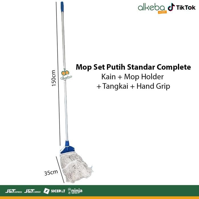 PREMIUM Mop Set Putih Standar Komplit - Alat Mop Gagang Panjang (Kain + Mop Holder + Tangkai