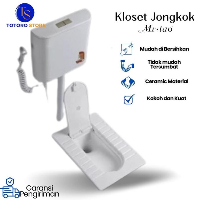 Toilet Flush Kloset Jongkok Mr.Tao 1Set Dengan Penutup Kloset Otomatis Model Terbaru Warna Putih