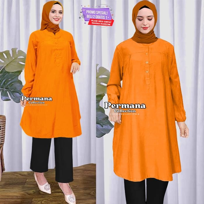 RES2 Baju Atasan Wanita Tunik Muslim Jumbo Lengan Panjang Warna Orange Kemeja Dewasa