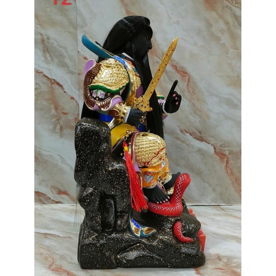 Patung Dewa Hian Tian / Siong Te Kong - 12 In - Kayu Taiwan - Hitam - Rambut - L25