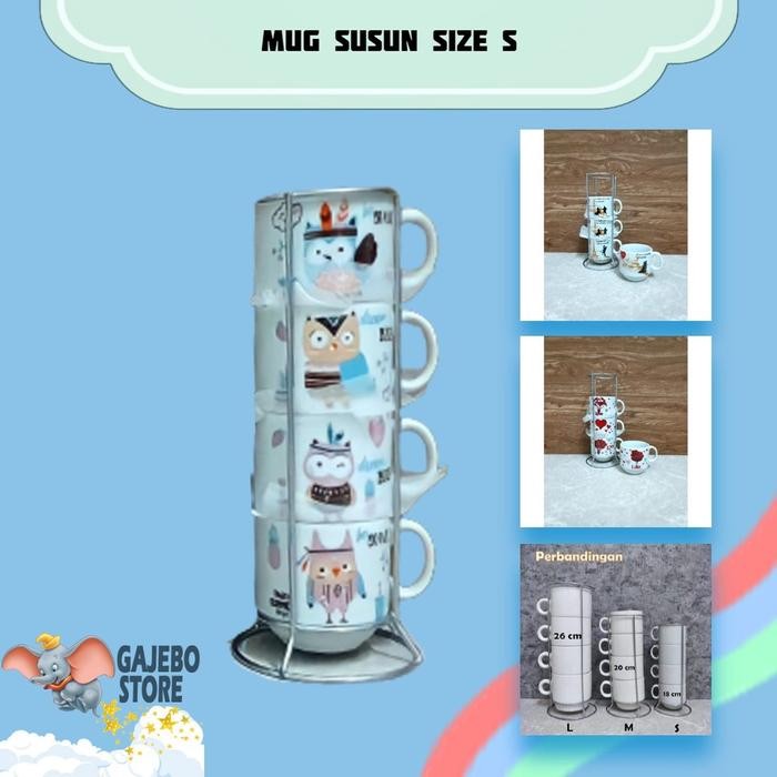 MUG KERAMIK CANGKIR GELAS SET 4 SUSUN BERBAGAI MOTIF / MUG KOPI DAN TE