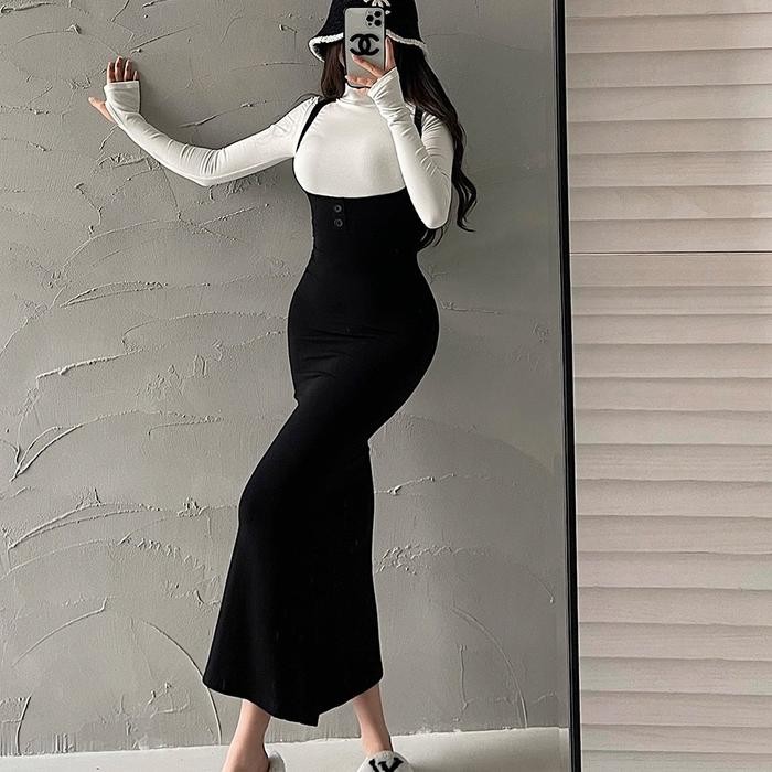 One Set Turtle Neck Long Sleeve Top + Strap Midi Dress 1570 (S/M/L/XL)