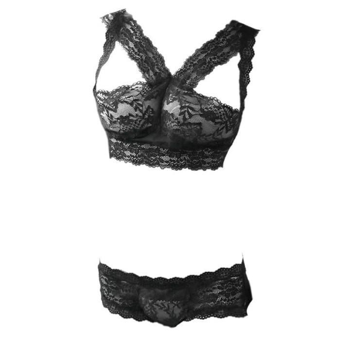NEW B318 Bra Set Bralette Sexy Lingerie Wanita Seksi BH CD Thong Lubang Belakang Hitam Lace