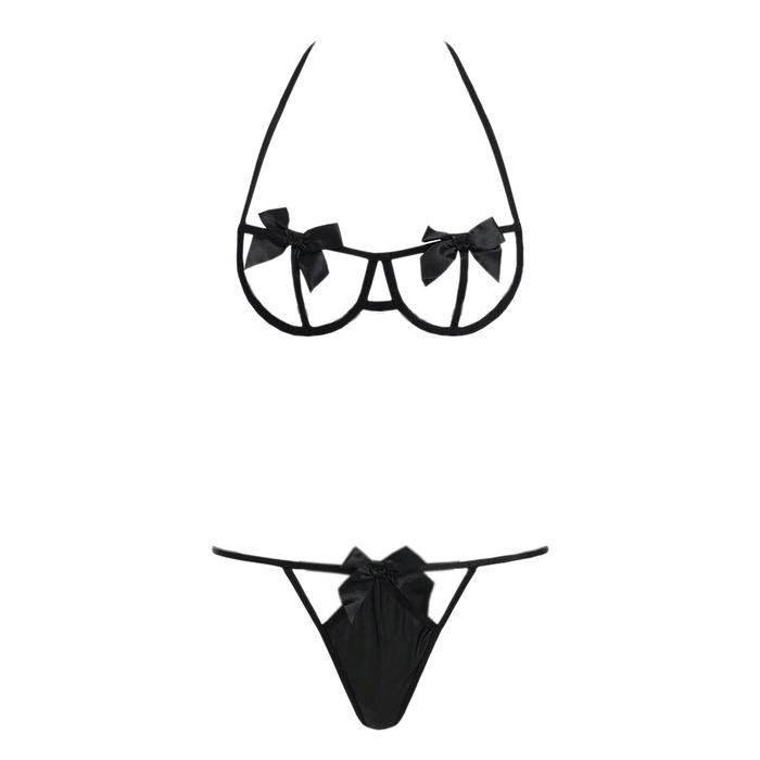 NEW B360 Set Pakaian Dalam Wanita BH Bra Kawat Underwire Halter Pita CD Panties Hitam Polos Latex