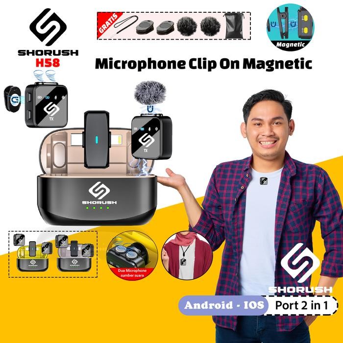 Shorush H58 Dual Wireless Microphone Clip On 2-In-1 Mic Magnetic Mikrofon Nirkabel Lavalier 2 In 1