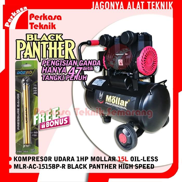 NEW MOLLAR AC1515BPR KOMPRESOR UDARA 1HP 15L OILESS SILENT BLACK PANTHER