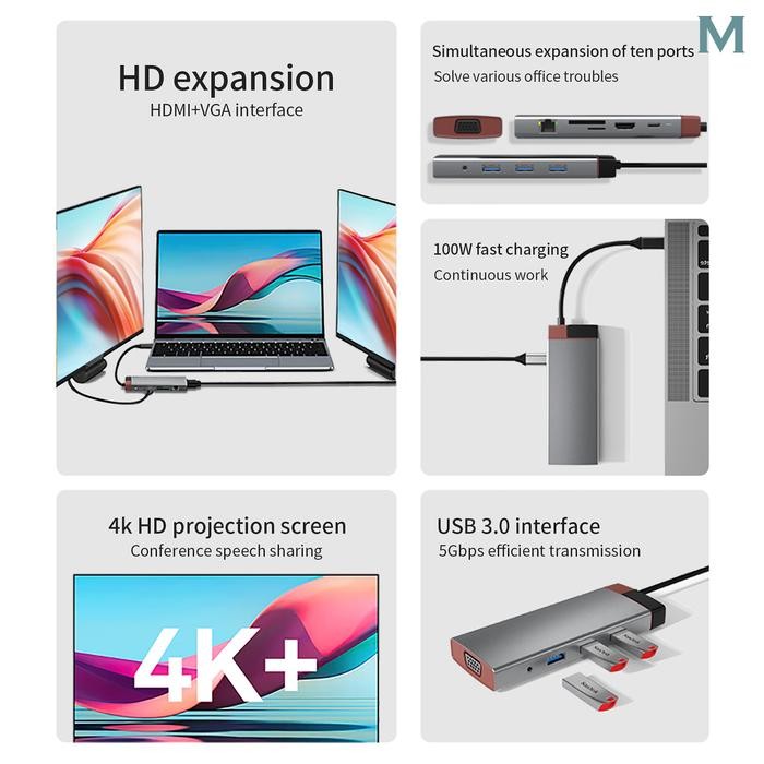 MILS 10 IN 1 TYPE C HUB / USB-C EXTENSION ADAPTER DONGLE PD100W SD HDMI 4K CARD READER - CHUB10