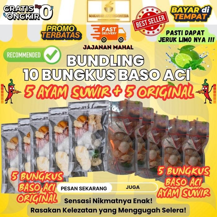 

Bundling 10 Pcs 30 Ribu Baso aci 5 Ayam Suwir + 5 Ori viral tiktok murah enak lezat maknyoss makanan