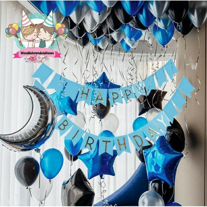 

Terlaris Windblown Balloon Birthday Blue White Black Package for Boy/HBD Cowok SALE