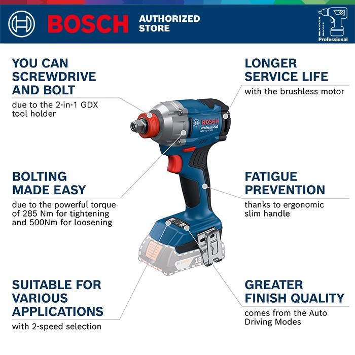 Ready Bosch Brushless Impact Driver & Wrench / Obeng & Kunci Impact Baterai 18 Volt GDX 18V-285