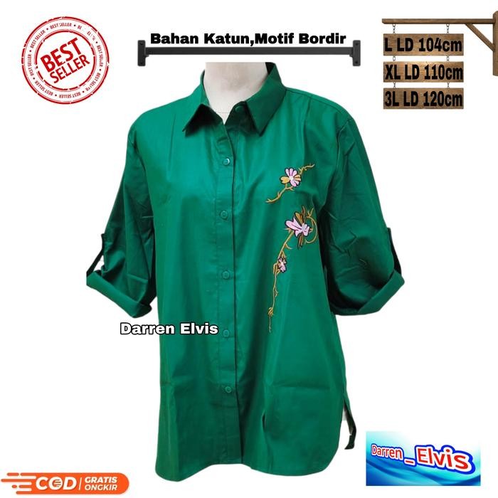 Kemeja Wanita Hijau Botol Bunga Dua Susun