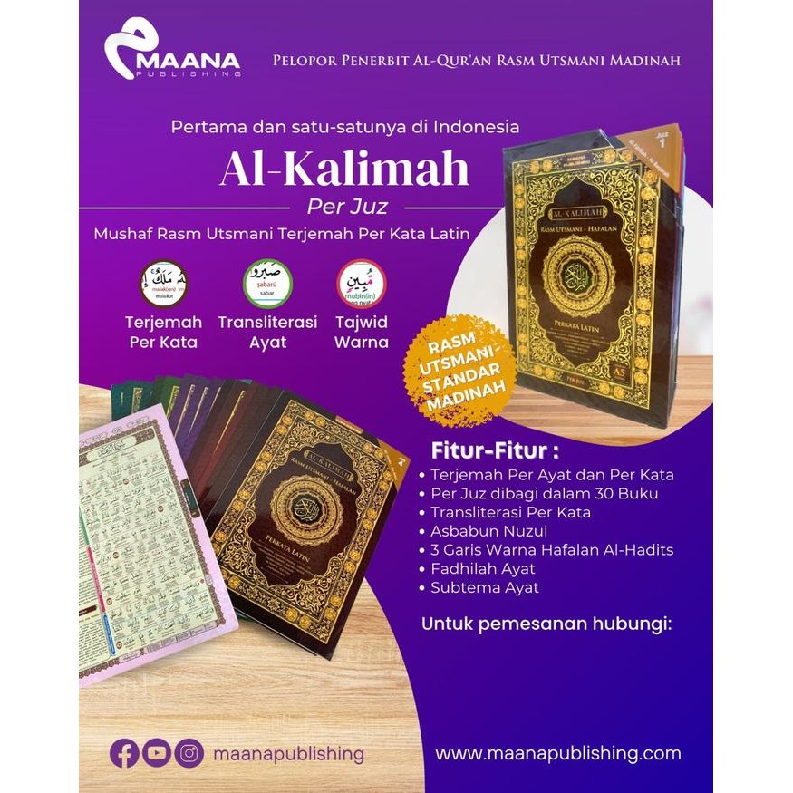 

SALE !!! MUSHAF AL-KALIMAH A5 PER JUZ UTSMANI TAJWID TERJEMAH PERKATA LATIN READYY
