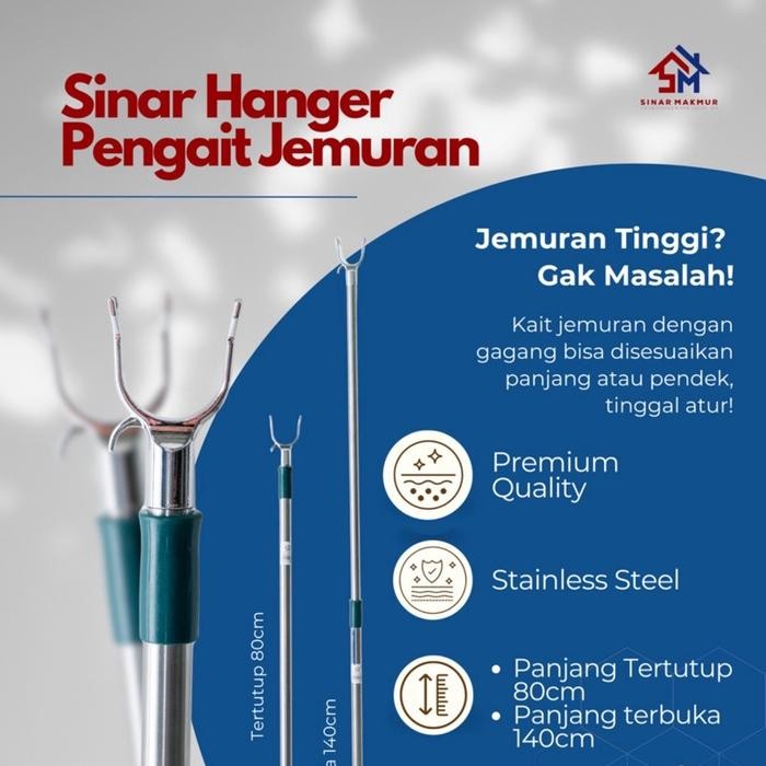 Sinar Tongkat Sodokan Galah Jorokan Jemuran Bisa Atur Panjang Pendek Sampai 140Cm Full Stainless