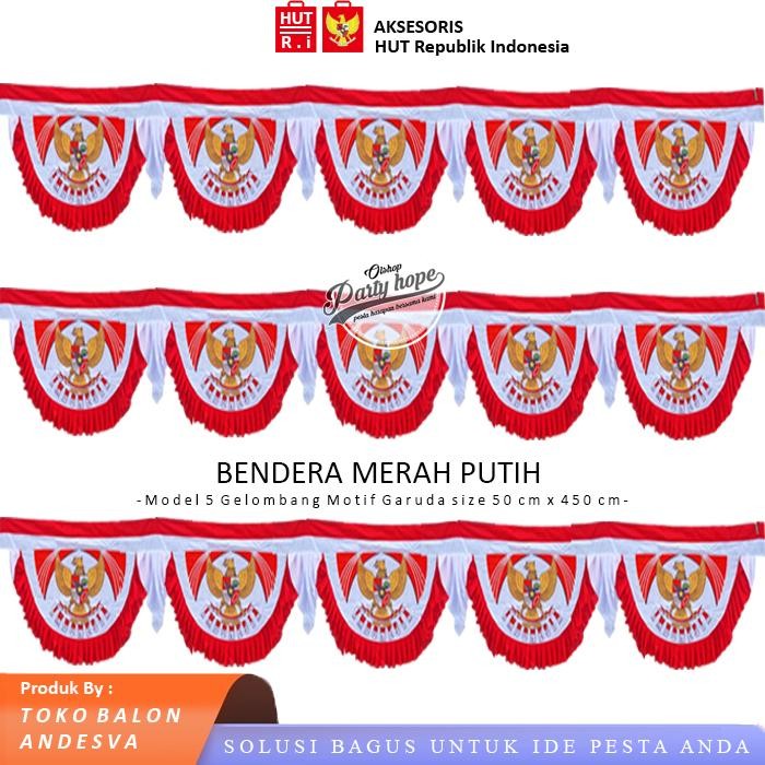Bendera Merah Putih Gelombang Motif Garuda / Bendera Kain Merah Putih 5 Gelombang / Bendera