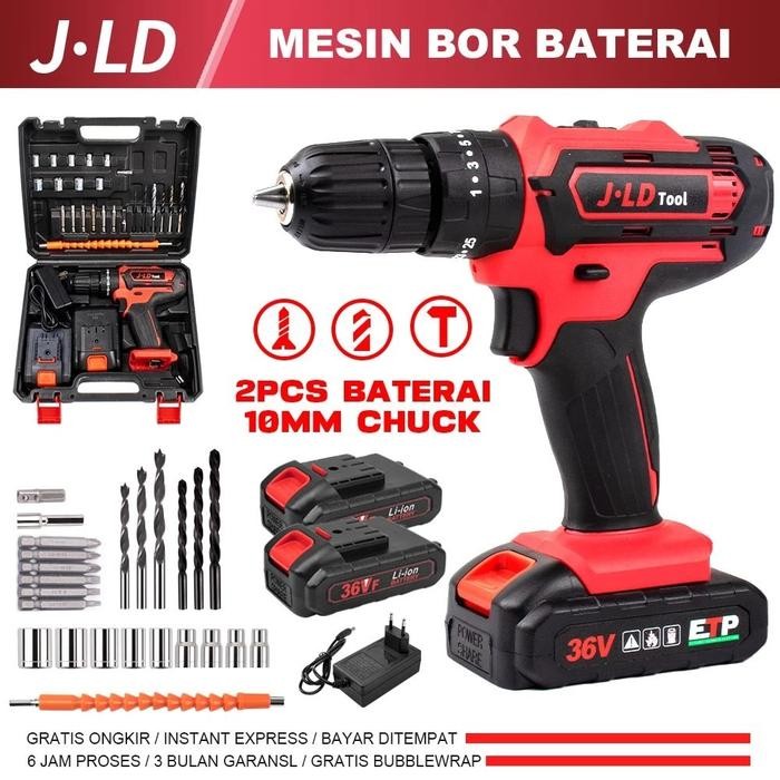 Jld Mesin Bor 10 Mm 2 Baterai 36Vf Cordles Putaran Bolak Balik
