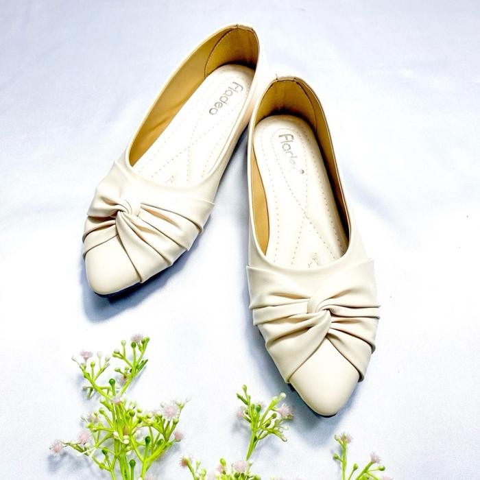 alfa FLADEO Sepatu Flatshoes Terbaru Wanita Varian Pita Mengkerut Tanpa Hak Kerja Hitam Normal Size