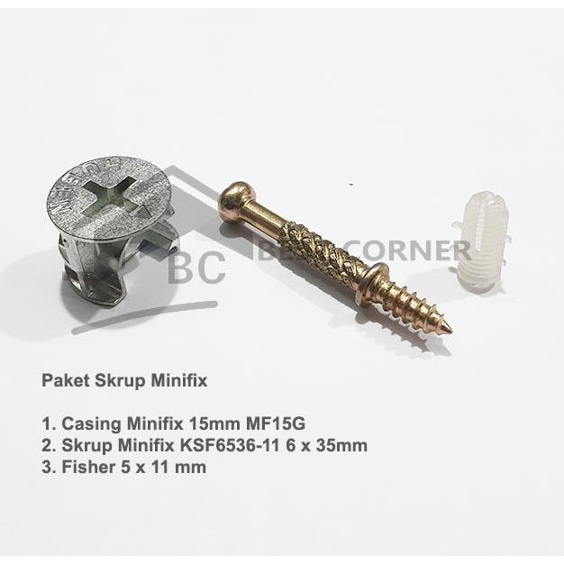 Skrup Nanas Knock Down / Minifix komplit set ( Casing, Skrup, Fisser ) *