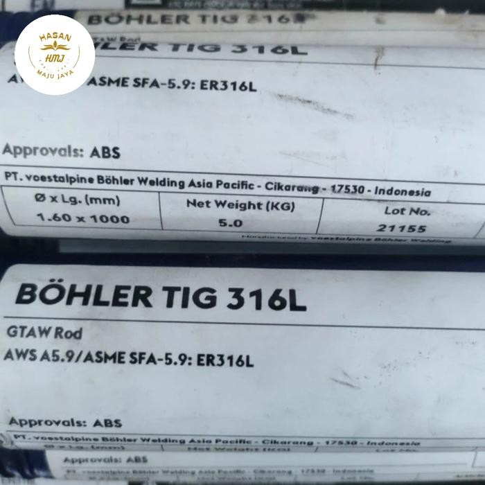 Bohler Kawat Las Stainless Tig 316L 1,6Mm 2,4Mm, 3,2 Mm 5Kg Aws A5.9 Asme Sfa-5.9 Er316L Berat 1