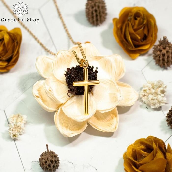 New // Kalung Salib Gold Pipe (Cross Necklace Stainless Steel) (Anti Karat) (Free Pouch) Jewellery