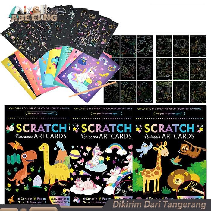 

SARI 9Sheets Lukisan Glitter Anak Magic Scratch Painting Art Paper Card Set