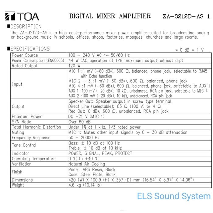 DIGITAL POWER MIXER AMPLIFIER TOA ZA-3212D AS ZA-3212 D ZA3212D 120W