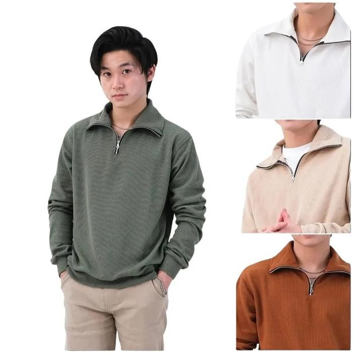 Kaos Polo Shirt Pria Lengan Panjang Half Zipper Knit