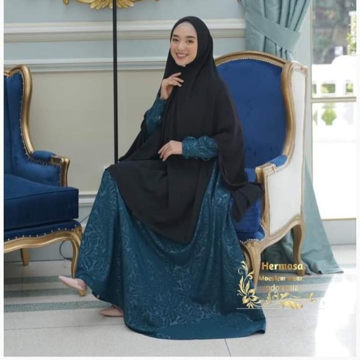(Hermosa)Gamis Embos Hermosa Motif Bunga Lily Warna Hijau Tosca Premium-Gamis Syari Wanita Hijau