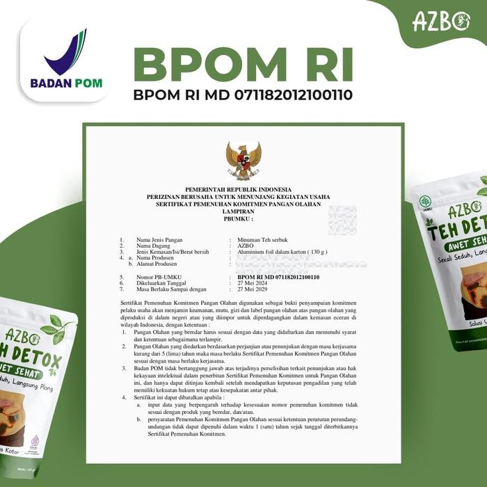 

AZBO TEH DETOX MINUMAN TEA HERBAL ALAMI DETOKSIFIKASI 100% ORGANIK 130GR PEMBERSIH USUS KOTOR HALAL