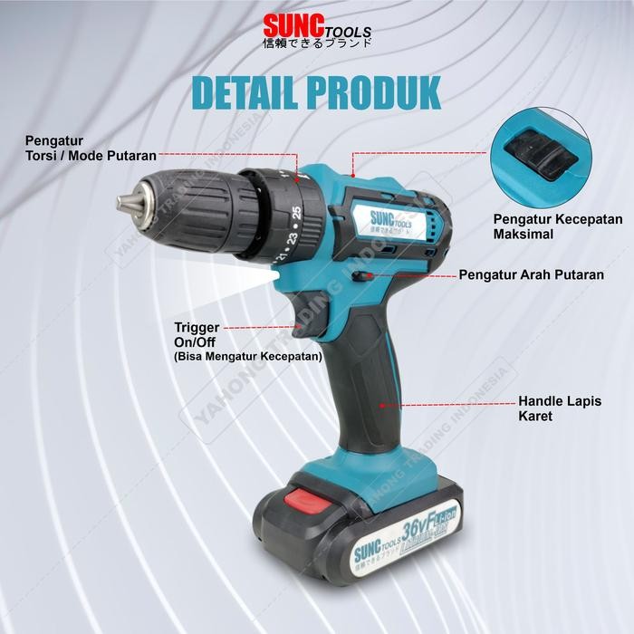 Terbagus Cordless Drill Sunc Tools 36V Mesin Bor Baterai
