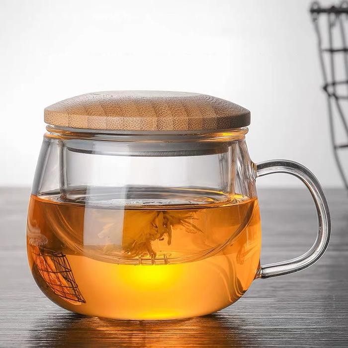 ready Gelas Infuser Rempah Teh Tutup Kayu Ergonomis