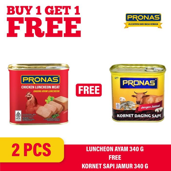 

Promo [BUY 1 GET 1] PRONAS Luncheon Ayam 340gr Free Kornet Sapi Jamur 340gr