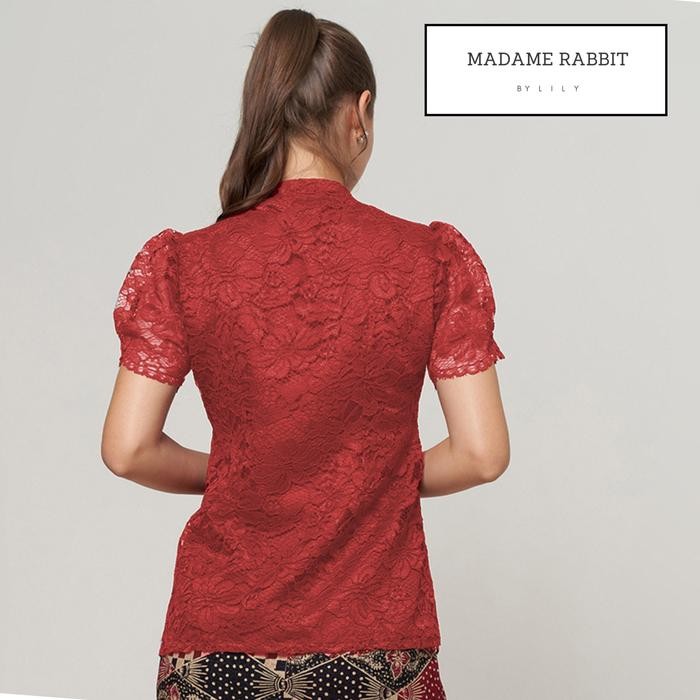 Blouse Kebaya Puff Brokat Merah Baju Pesta Atasan Polos Madame Rabbit Dress Kancing