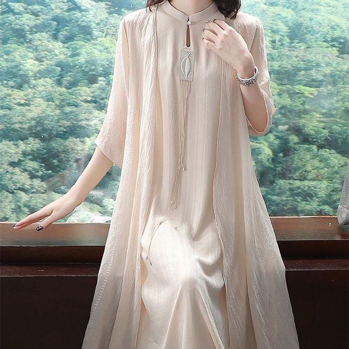 One Set Midi Long Dress Outer Hanfu Retro Qipao Chinese Women