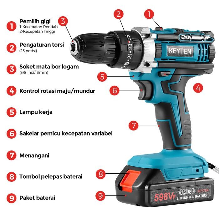Orion - Keyten Bor Dampak Nirkabel Set Alat Listrik Sekrup Palu Nirkabel 598Vf Cordless Impact Drill