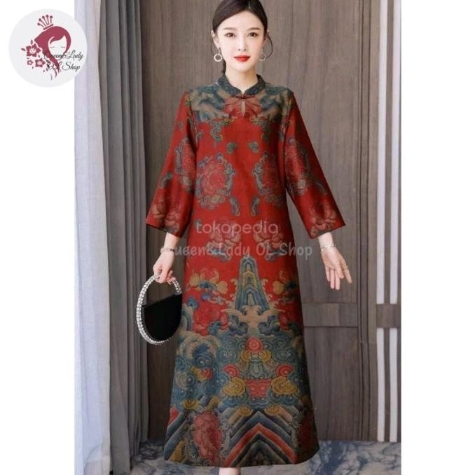 cheongsam mididress qipao bigsize modern jumbo gaun silk premium