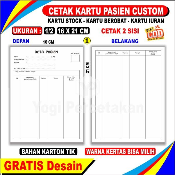 

New Kartu Status MR Pasien Cetak 1 warna 2 sisi A5, Desain Bisa Reques