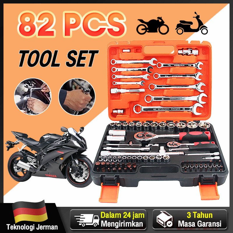 REAIM  82pcs Tool Kit Kunci Shock Set alat kunci pas soket Set alat mobil alat kunci pas torsi Set