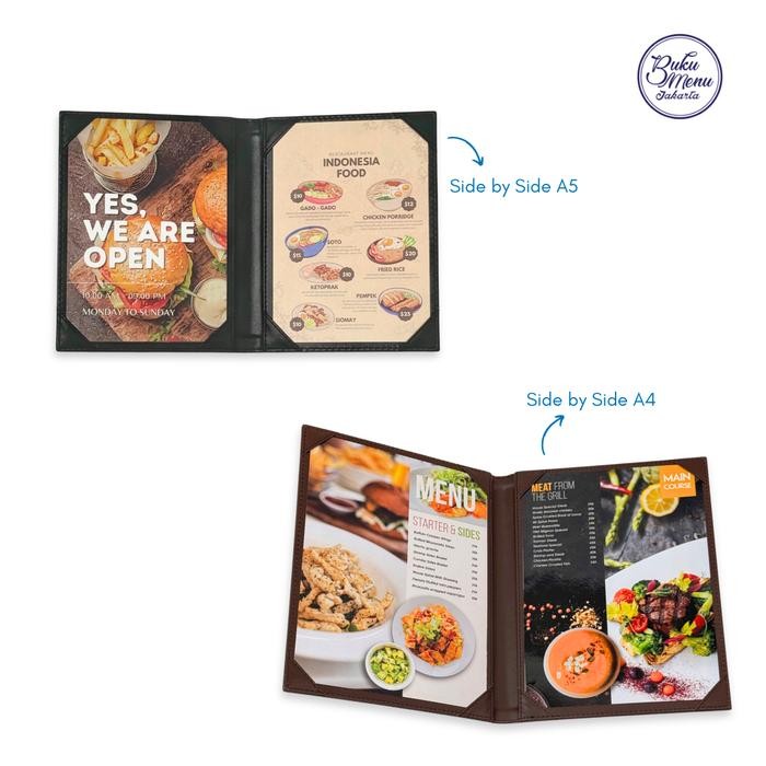 

Buku Menu Jakarta - Buku Menu Kulit Varian Cafe Series Side By Side (2 sisi) A4 dan A5 Coklat Muda,