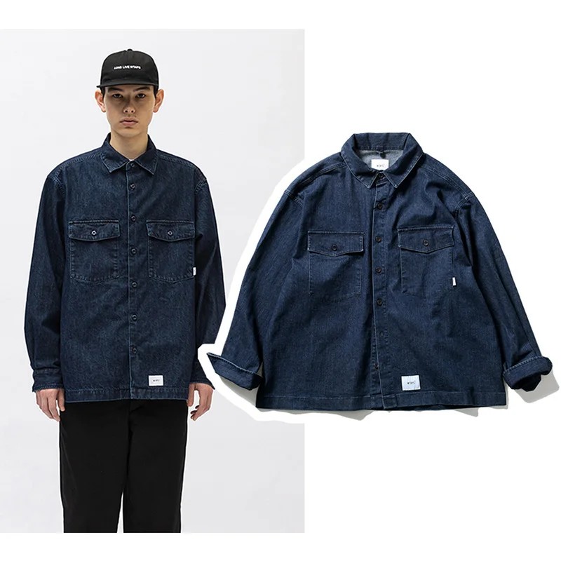 Vintage Wtaps Street Fashion Denim Shirt Coat Men Casual Loose Pure Cotton Indigo Long Sleeve Shirt