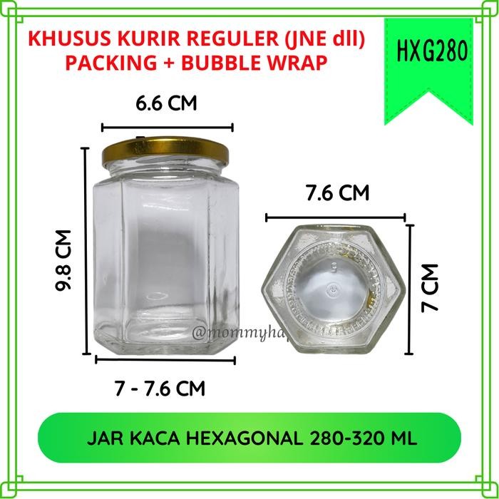 Pilihan- Hxg280 Grosir 1 Dus - Wadah Kaca Jar / Botol / Toples Kaca Hexagonal 280-320 Ml Tutup