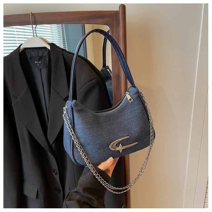 Handbag Gd62096 Tas Selempang Rantai Wanita Bahan Denim Jeans Import