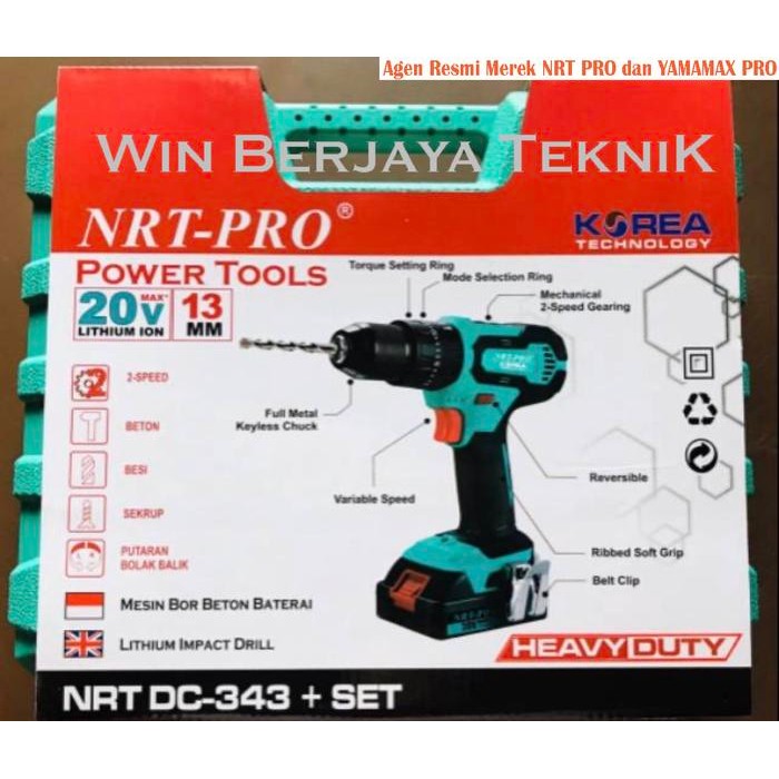 NRT-PRO 343 DC Mesin Bor Tangan Cordless Drill Baterai 13mm