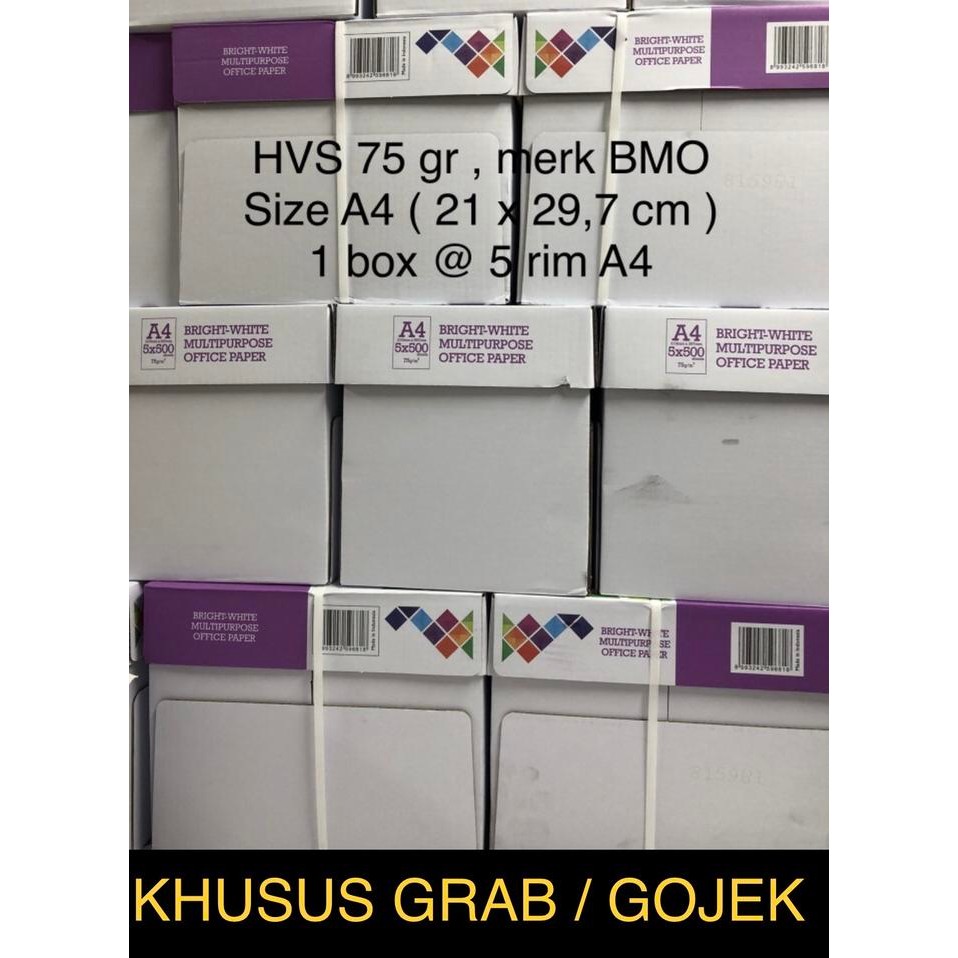 

Promo!! Hvs A4 75 Gr Merk Bmo ( Box ) Khusus Grab / Gojek