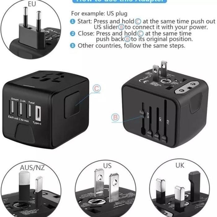 Charger Travel Universal Travel Adaptor 3 port USB + 1 type c
