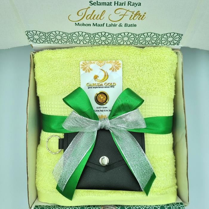Hampers Lebaran Idul Fitri: Handuk Terry Palmer besar, Dompet, & LM0,001g Emas Gold