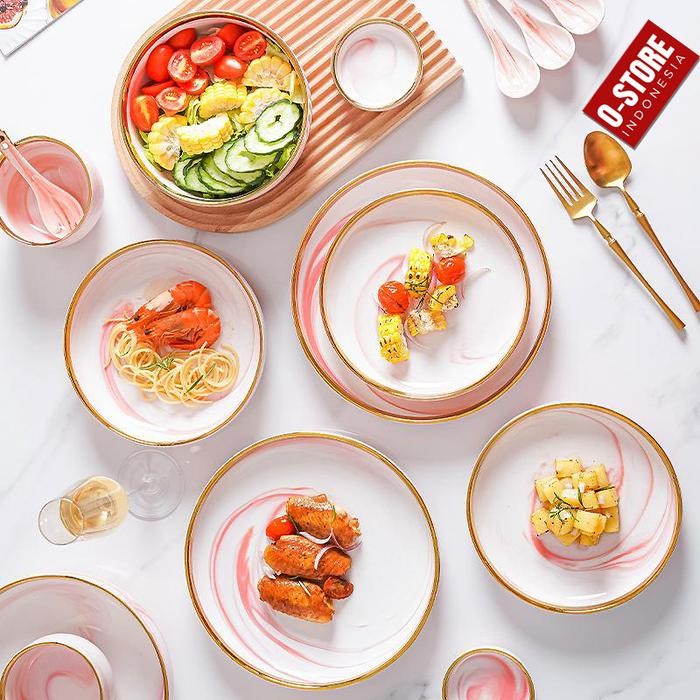 Piring Makan Keramik Mewah Mangkok Aesthetic Alat Makan Set Piring Saji Prasmanan Sendok Makan Tebal