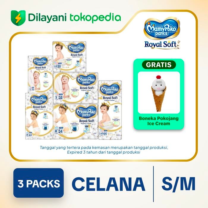 3 Ball MamyPoko Pants Royal Soft Organic Popok Celana Size S / M - Free Bantal Pokojang Ice Cream