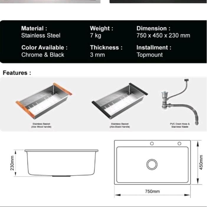 READY STOK KITCHEN SINK 7545 VALPRA (1 LUBANG) / KITCHEN SINK 7545 VALPRA / KITCHEN SINK VIRAL /